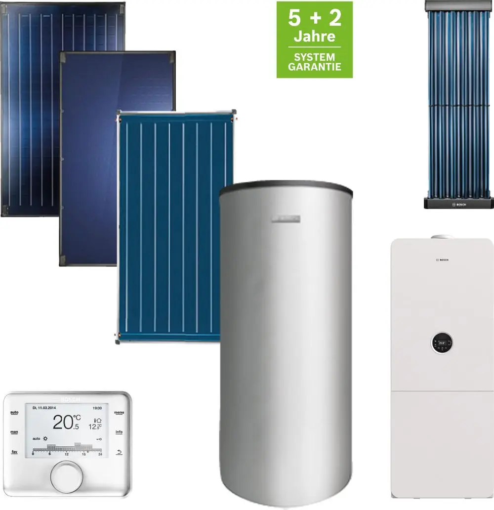 Anordnung von Solarthermie-Kollektoren, einem Silospeicher und Heizgeräten der Marke Bosch, einschließlich eines digitalen Thermostats zur Steuerung der Heizung.